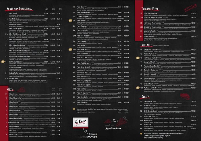 Speisekarte Efes Grill & Pizzeria in Emsbüren